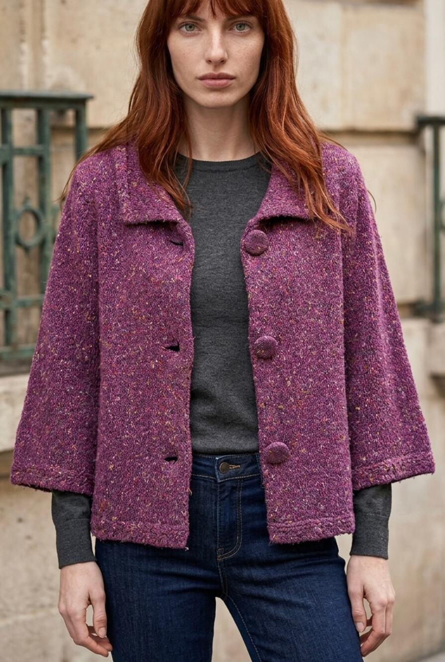Purple Knitted Cardigan Womens M Cottagecore Covered Buttons Bell Sleeves VTG